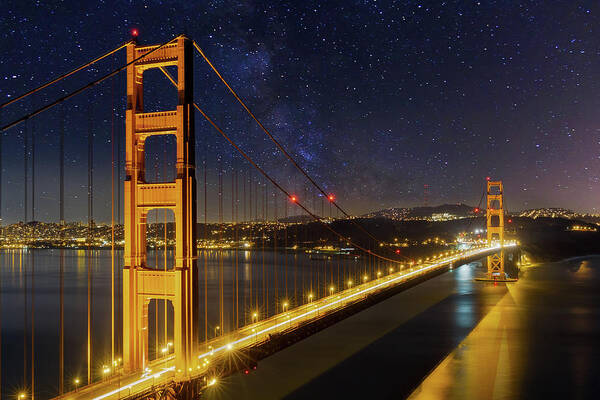Golden Gate Poster featuring the photograph Golden Gate Bridge under the Starry Night Sky by David Gn