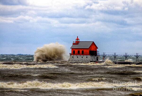 Light House Poster featuring the photograph Grand Haven light house in the storm by Robert Pearson