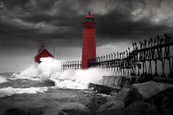 Lighthouse Poster featuring the photograph Grand Haven Lighthouse in a Rain Storm by Randall Nyhof