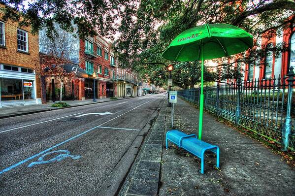 Alabama Poster featuring the digital art Green Umbrella Bus Stop by Michael Thomas