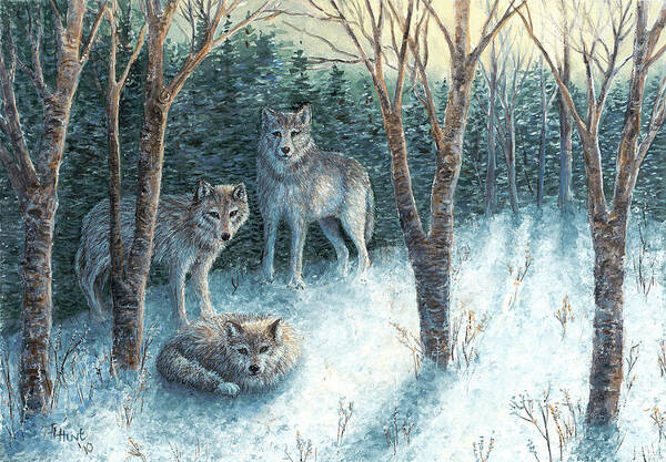 Wolves Poster featuring the painting Grey Wolves at Dawn by June Hunt