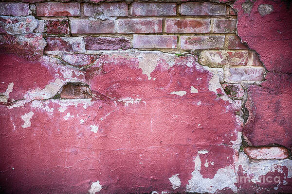 Abandoned Poster featuring the photograph Grunge red wall with broken plaster by Simon Bratt