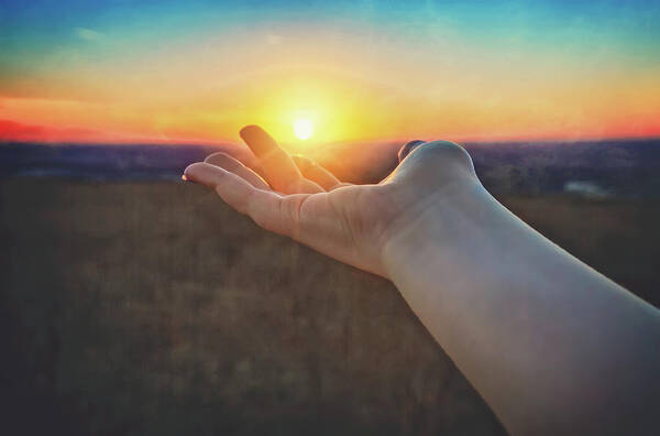 Hand Holding Sun Poster featuring the photograph Hand Holding Sun - Sunset at Lapham Peak - Wisconsin by Jennifer Rondinelli Reilly - Fine Art Photography