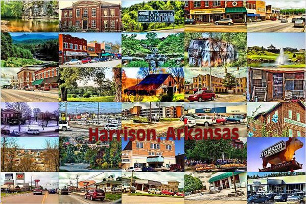 Harrison Poster featuring the digital art Harrison Arkansas Collage by Kathy Tarochione