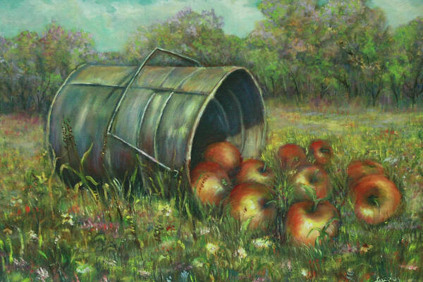 Luczay Poster featuring the painting Harvest with red apples by Katalin Luczay