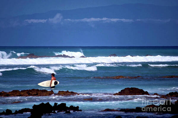 Hawaiian Landscape Poster featuring the photograph Hawaiian Seascape with Surfer by Bette Phelan