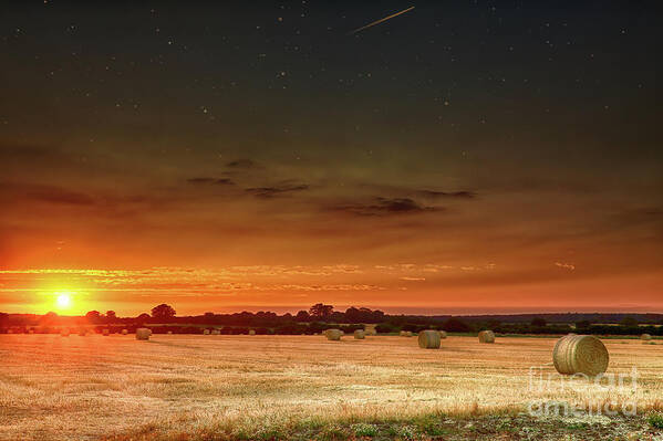 Sunset Poster featuring the photograph Hay bales at sunset and stars by Simon Bratt