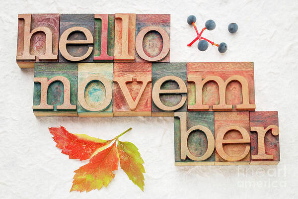 November Poster featuring the photograph Hello November word abstrtact in wood type by Marek Uliasz