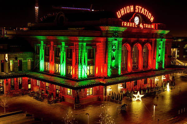 Christmas Poster featuring the photograph Holiday Lights at Union Station Denver by Teri Virbickis