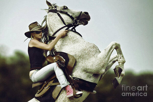 Horse Poster featuring the photograph Horse rearing with girl by Dimitar Hristov