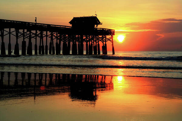 Cocoa Beach Pier Poster featuring the photograph Hot Sunrise Over Cocoa Beach Pier by Carol Montoya