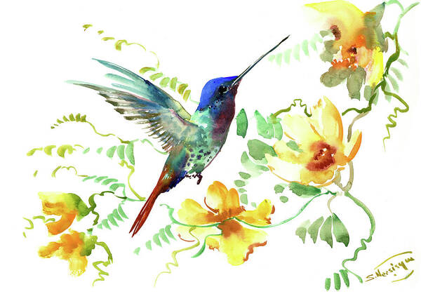Hummingbird Poster featuring the painting Hummibgbird and Yellow Flowers by Suren Nersisyan