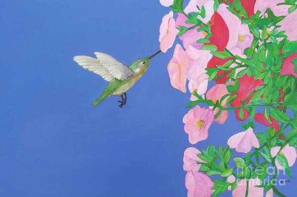 Hummingbird Poster featuring the painting Hummingbird and Petunias by Karen Jane Jones