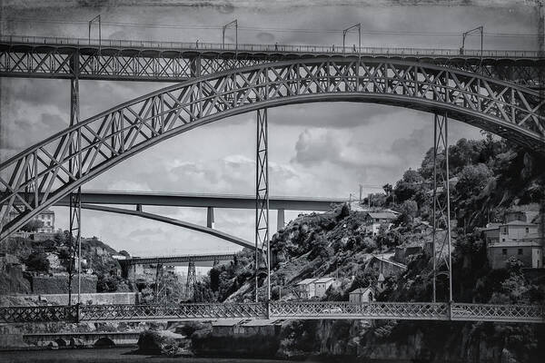 Porto Poster featuring the photograph Iconic Bridges of Porto in Black and White by Carol Japp