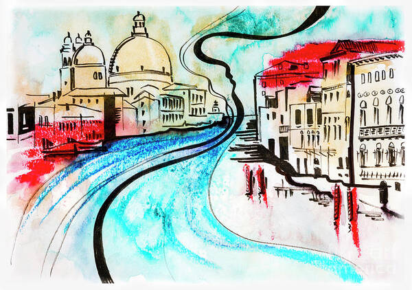 Architecture Poster featuring the mixed media illustration of travel, Venice by Ariadna De Raadt