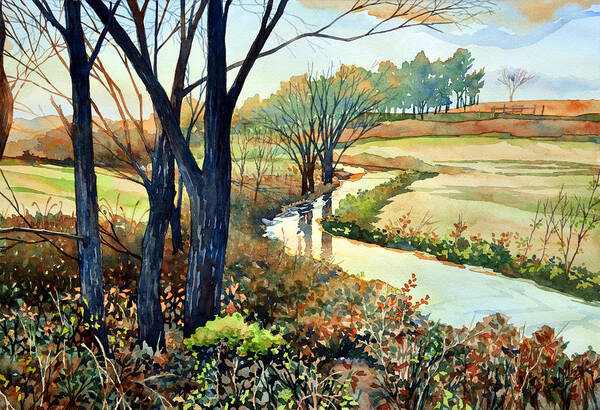 #watercolor #nature #landscape #stream #river #wild #green #sunset #art #painting Poster featuring the painting In the Wilds by Mick Williams