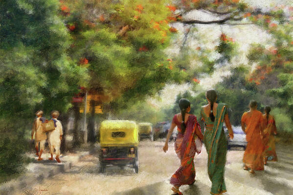India Poster featuring the painting India Street Scene In flowery Bangalore by Dominique Amendola