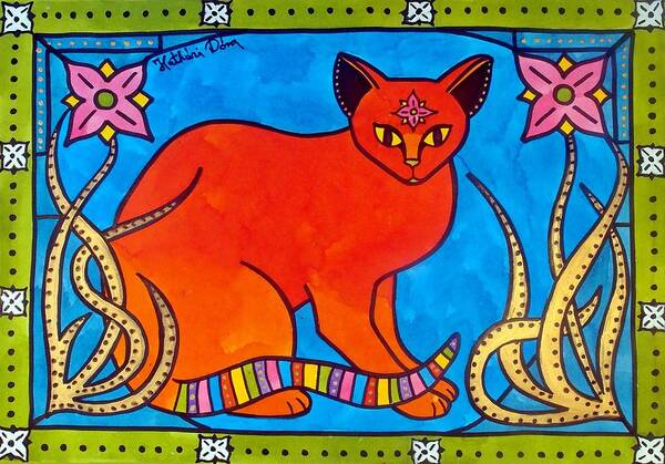 Whimsical Animals Poster featuring the painting Indian cat with Lilies by Dora Hathazi Mendes