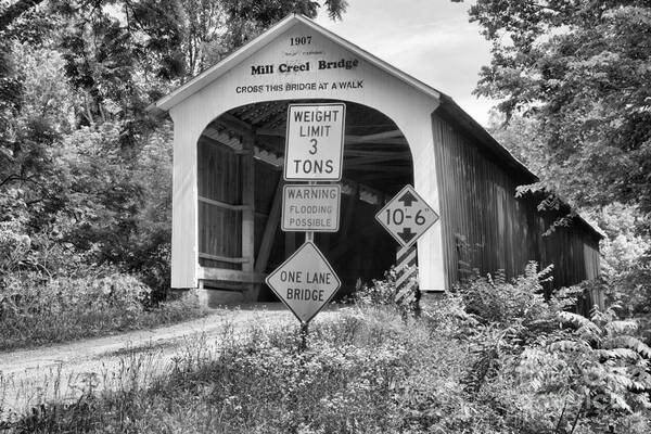 Mill Creek Covered Bridge Poster featuring the photograph Indiana Mill Creek Covered Bridge Covered Bridge Black And White by Adam Jewell