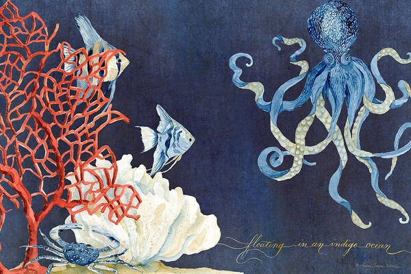 Octopus Poster featuring the painting Indigo Ocean - Floating Octopus by Audrey Jeanne Roberts