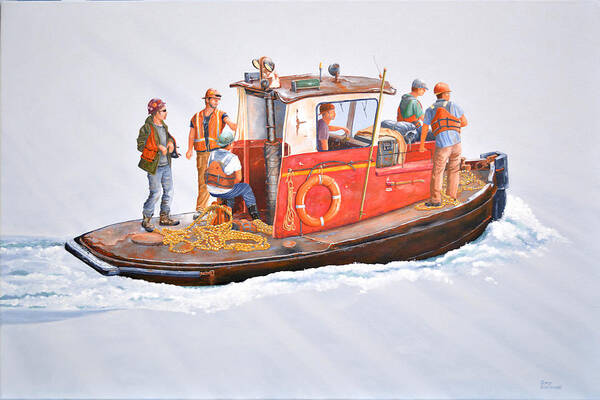 Crew Boat Poster featuring the painting Into the mist-The crew boat by Gary Giacomelli