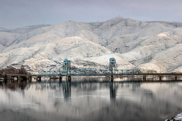 Lewiston Idaho Id Clarkston Washington Wa Lc-valley Lc Valley Pacific Northwest Lewis Clark Landscape Palouse Winter January Cold December Snake River Icy Snow Reflection Calm Water Hill Mountain Interstate Confluence White Frosty Frost Nice Beautiful Popular Poster featuring the photograph January Blue Bridge by Brad Stinson