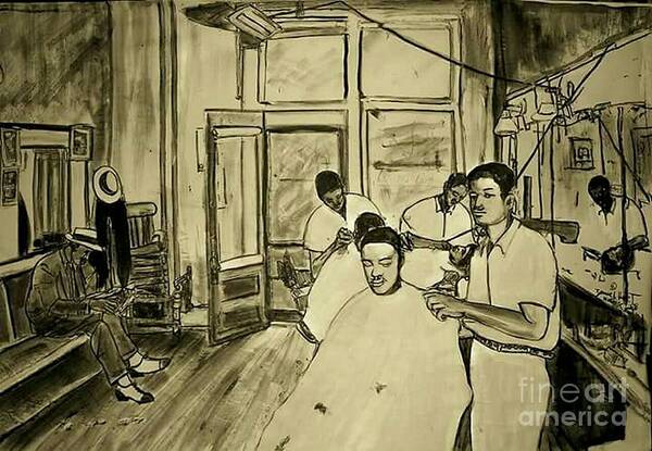 Barber Shop Hair Poster featuring the painting Jesse's Paradise Barbershop by Tyrone Hart