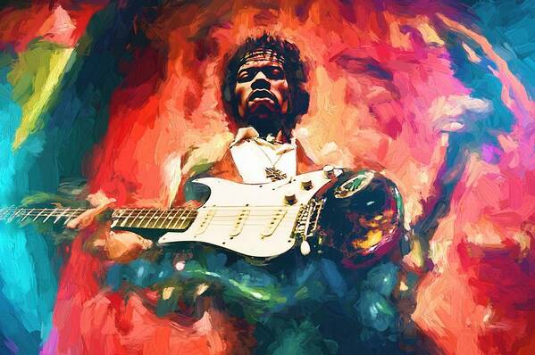 Jimi Hendrix # Hendrix # Pop Star # Rock Star # Music Legend # # Famous People Portraits # Guitar # Guitar Rock # Fender Stratocaster # Psychedelic Music # Woodstock # Voodoo Child # Rock And Roll # Jimi Hendrix Painting # Poster featuring the painting Jimi Hendrix by Louis Ferreira