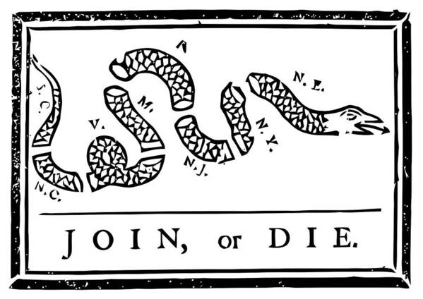 Join Or Die Poster featuring the mixed media Join or Die by War Is Hell Store