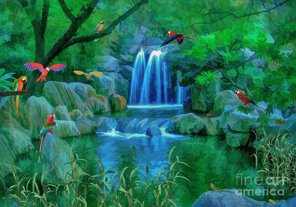 Parrot Poster featuring the digital art Jungle Water Falls and Parrots by Walter Colvin
