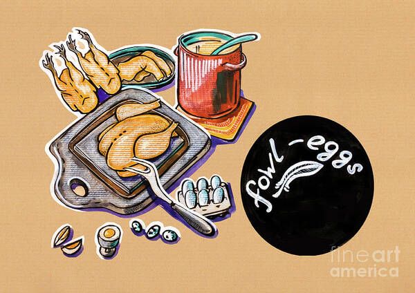 Food Poster featuring the drawing Kitchen Illustration Of Menu Of Fowl Products by Ariadna De Raadt