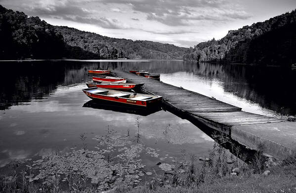 Black And White Poster featuring the photograph Lake and Boats by Lisa Lambert-Shank