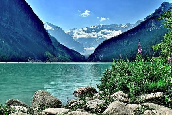 Lake Poster featuring the photograph Lake Louise from the Shore by Frozen in Time Fine Art Photography