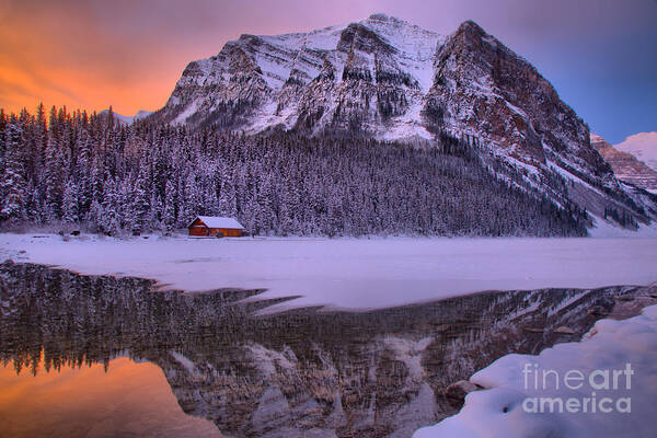 Lake Louise Poster featuring the photograph Lake Louise Winter Sunrise Reflections by Adam Jewell