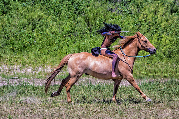 Little Bighorn Re-enactment Poster featuring the photograph Lakota Warrior Riding Bareback by Donald Pash