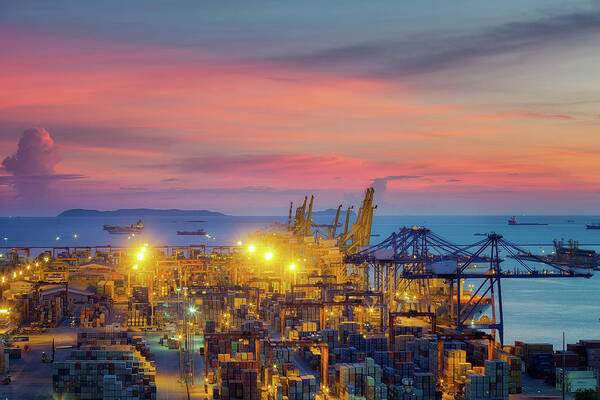 Port Poster featuring the photograph Lamchabang logistic port in Thailand by Anek Suwannaphoom
