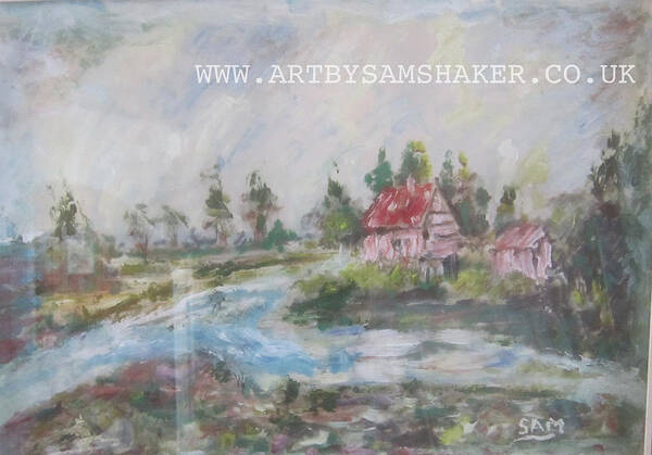 Peaceful Poster featuring the painting Land scape with red brick house by Sam Shaker