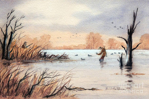 Duck Hunting Poster featuring the painting Laying Out The Decoys I by Bill Holkham