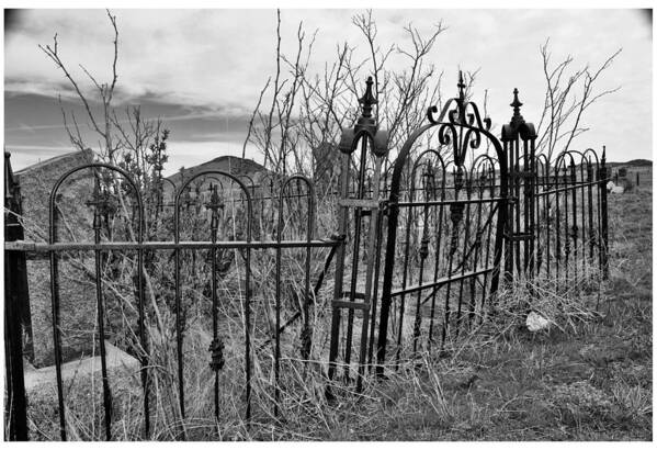 Cemetery B&w Poster featuring the photograph Leaning Cemetery Gate by Sandra Dalton