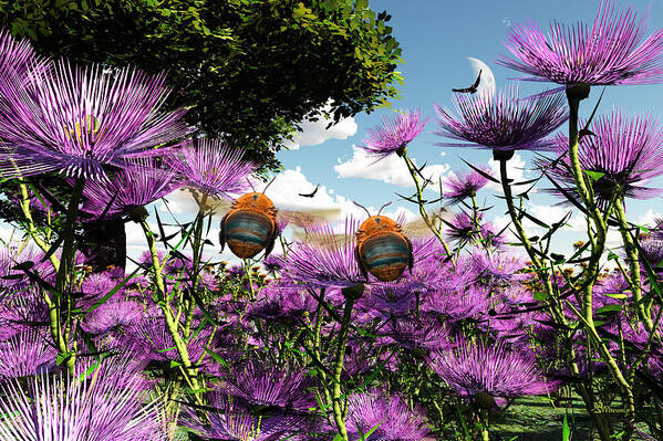 Bloom Poster featuring the digital art Two Bumblebees Discover the World by Max Steinwald