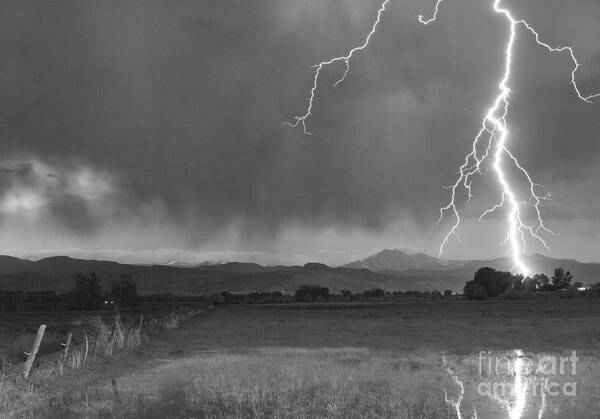 Lightning Poster featuring the photograph Lightning Striking Longs Peak Foothills 5BW by James BO Insogna
