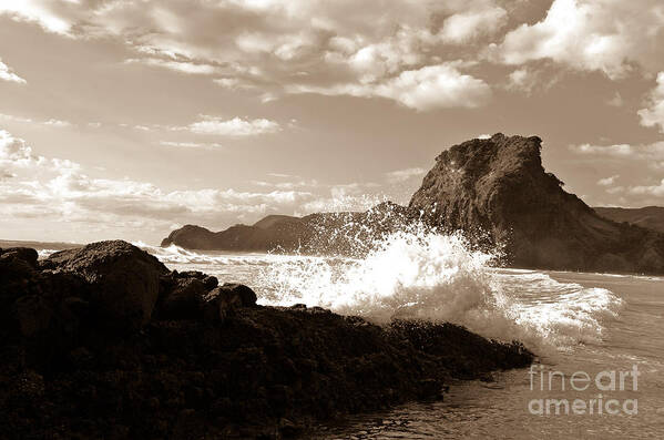 Piha Poster featuring the photograph Lion Rock on Piha Beach, New Zealand by Yurix Sardinelly