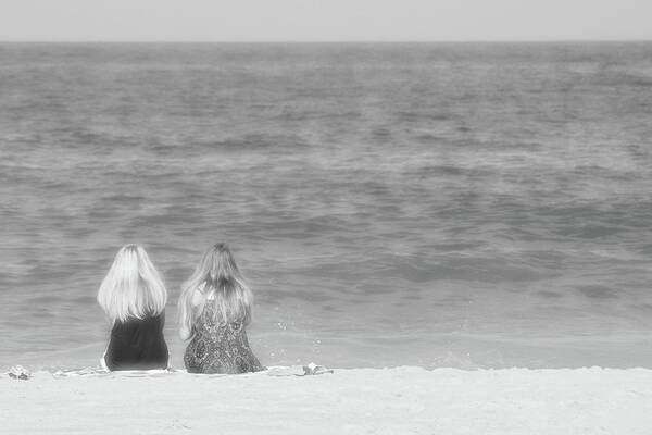 Beach Shore Delaware Maryland Ocean Sand Sun Summer Ir Infrared Black White Hot Women Two Looking Peace Peaceful View Hair Together Poster featuring the photograph Looking #38 by Raymond Magnani