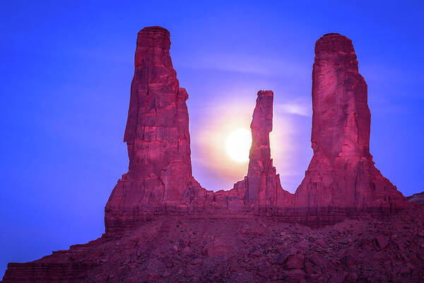 Monument Valley Poster featuring the photograph Luna and the Three Sisters by Jen Manganello