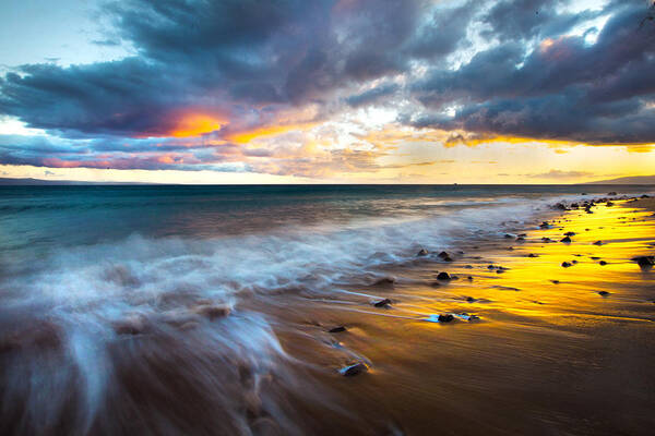 Maui Hawaii Seascape Clouds Shorebreak Sunset Poster featuring the photograph Maui Shores by James Roemmling