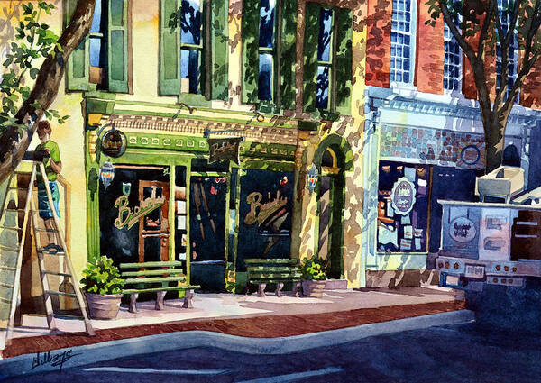#landscape #cityscape #watercolor #art #irishpub #frederickmd #bushwallers #watercolorpainting #painting Poster featuring the painting Mending the Pub by Mick Williams