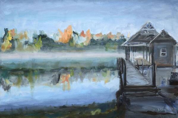 Lake Poster featuring the painting Misty Morning Dock at Smith Mountain Lake by Donna Tuten