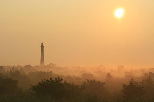 Sunrise Poster featuring the photograph Misty Morning Fire Island Light by Christopher J Kirby