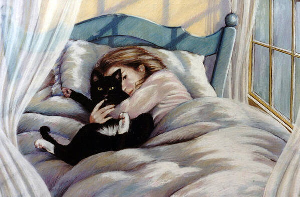 Cat With Girl Poster featuring the pastel Mittens by Marie Witte