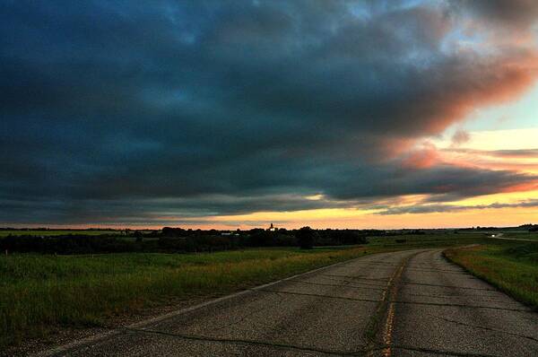 Rain Thunder Wet Drops Elevator Terminal Hay Canola Rape Sunset Evening Trail Wagon Covered Wagon Clouds Storms Elevator Grain  Sunset Poster featuring the photograph Mixed Weather by David Matthews